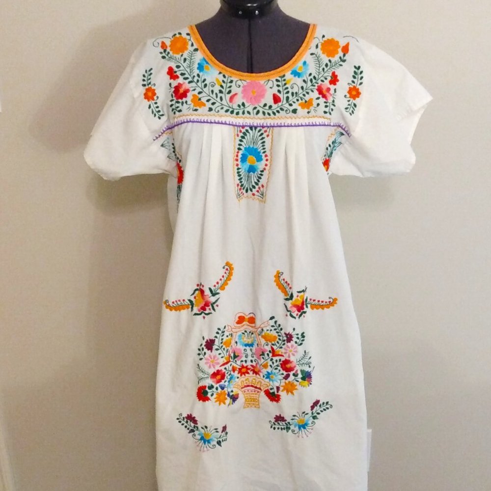 Handmade Hand Embroidered Mexican Mumu Multicolor rainbow House dress Tunic